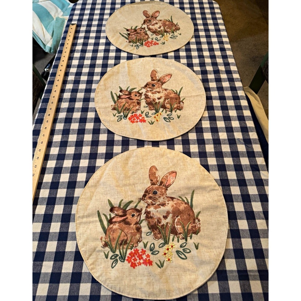 Set of 3 Round Easter Bunny Placemats Beige Fabric Embroidered Floral, Wash